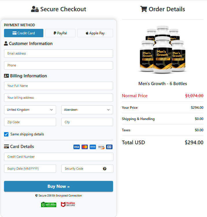Men’s Growth secure checkout page